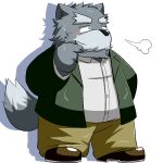  1:1 2015 anthro belly black_nose blush bottomwear canid canine canis clothing emufu fur grey_body grey_fur kemono male mammal overweight overweight_anthro overweight_male pants shirt simple_background solo topwear white_background wolf 