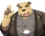  2015 5:4 anthro belly blush canid canine canis clothing domestic_dog emufu eyes_closed humanoid_hands kemono male mammal overweight overweight_anthro overweight_male robe simple_background solo white_background 