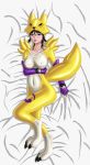  absurd_res allex92 bed big_breasts black_hair blue_eyes breasts clothing dakimakura_pose digimon digimon_(species) female furniture hair hi_res human mammal nipples not_furry_wearing_fursuit renamon rubber rubber_suit simple_background solo 