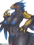  2020 3:4 4_fingers anthro anthrofied anzu_the_raven_god armor avian big_breasts bird black_body black_feathers blizzard_entertainment blue_eyes blue_nipples blush breasts feathers female fingers genitals girlsay hand_on_hip hi_res mostly_nude navel nipples non-mammal_breasts nude pussy simple_background solo standing subscribestar text thick_thighs unconvincing_armor url video_games warcraft white_background wide_hips world_of_warcraft 