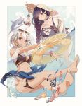  1boy 2girls ankle_cuffs barefoot bikini black_bikini blue_sky blush braid breasts carole_peppers cleavage clothes_around_waist cloud commentary_request coral earrings fish glint hat highres holding holding_sword holding_weapon honkai_(series) honkai_impact_3rd hoop_earrings innertube jacket jacket_around_waist jewelry long_hair looking_at_viewer male_swimwear medium_breasts multiple_girls nasubi_(1ra1ri1ko2cho1mi2na) navel partially_submerged protagonist_(honkai_impact) purple_hair raiden_mei shark side-tie_bikini single_braid sky straw_hat sunglasses swim_trunks swimsuit swimwear sword thigh_strap very_long_hair water weapon white_hair 