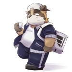  1:1 2014 anthro belly bottomwear brown_body brown_fur canid canine clothing emufu fur hat headgear headwear kemono male mammal overweight overweight_anthro overweight_male pants raccoon_dog shirt simple_background solo tanuki topwear white_background 