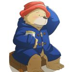  1:1 2015 anthro blush brown_body brown_fur clothed clothing conditional_dnp emufu fur hat headgear headwear kemono male mammal overweight overweight_anthro paddington_and_company_limited paddington_bear simple_background sitting solo ursid white_background 