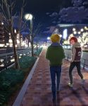  2boys afro bare_tree blonde_hair blue_pants blue_scarf building cloud commentary_request fence flint_(pokemon) kurochiroko light long_sleeves looking_back male_focus moon multiple_boys night outdoors pants pokemon pokemon_(game) pokemon_dppt red_hair scarf shoes sky spiked_hair star_(sky) tree volkner_(pokemon) walking water 