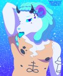  absurd_res anthro armpit_hair atari_(possumblush) blush body_hair brimstone didelphid dreadlocks hair hi_res horn horn_bow hybrid kemono male mammal marsupial multi_nipple nipples pecs possumblush sky solo star starry_sky 