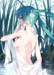  1girl absurdres aqua_eyes aqua_hair arm_tattoo back bamboo bangs blurry blurry_background breasts chinese_commentary commentary_request fireflies floating_hair from_behind hair_ribbon hand_up hatsune_miku highres hwh666 lace lake long_hair looking_at_viewer looking_back medium_breasts nature nude parted_lips profile ribbon rock see-through sideboob sideways_glance solo tattoo tower twintails upper_body vocaloid water white_ribbon 