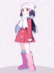  1girl arm_at_side bag beanie black_hair boots buttons coat commentary_request dawn_(pokemon) duffel_bag full_body hair_ornament hat holding kurochiroko long_hair long_sleeves over-kneehighs pink_footwear pokemon pokemon_(game) pokemon_dppt pokemon_platinum red_coat scarf sidelocks solo standing thighhighs white_bag white_headwear white_scarf 