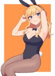  1girl absurdres animal_ears armpits arms_up bangs bare_arms bare_shoulders black_leotard black_neckwear blonde_hair blue_eyes blush bow bowtie breasts brown_legwear bunny_ears bunny_girl bunny_tail bunnysuit cho628 cleavage commentary_request detached_collar fake_animal_ears fake_tail feet_out_of_frame highres idolmaster idolmaster_cinderella_girls large_breasts leotard long_hair looking_at_viewer ootsuki_yui orange_background pantyhose sitting smile solo strapless strapless_leotard tail thighs two-tone_background white_background 