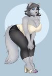  anthro bent_over big_breasts breasts canid canine canis catsmeow cleavage clothed clothing female footwear fur grey_body grey_fur hair hi_res high_heels mammal mature_female shoes short_hair simple_background solo thick_thighs wide_hips wolf 