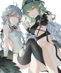  2girls antenna_hair arknights bangs bare_shoulders black_legwear breasts cup drinking_glass eyebrows_visible_through_hair gavial_(arknights) green_hair grin hair_between_eyes hand_up highres hillly_(maiwetea) holding holding_cup long_hair medium_breasts multiple_girls navel off_shoulder parted_lips pointy_ears silver_hair simple_background small_breasts smile stomach thighhighs thighs tomimi_(arknights) visor_cap white_background yellow_eyes 