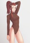  1girl arm_at_side blush breasts brigitte_(overwatch) brown_eyes brown_hair closed_mouth commentary_request eyelashes fingernails freckles hand_behind_head highres long_hair long_sleeves looking_at_viewer overwatch ponytail putchers ribbed_sweater sidelocks simple_background smile solo sweater thighs turtleneck_leotard 