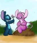  2018 alien angel_(lilo_and_stitch) antennae_(anatomy) blue_body blue_fur blue_nose disney duo experiment_(lilo_and_stitch) female flower fur head_tuft hi_res holding_object lilo_and_stitch long_antennae male male/female multicolored_body multicolored_fur notched_ear open_mouth open_smile pink_body pink_fur pink_inner_ear plant purple_inner_ear purple_nose semi-anthro sitting smile standing starryblast9 stitch_(lilo_and_stitch) teeth tuft 