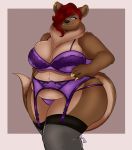  absurd_res anthro big_breasts bra breasts catsmeow cleavage clothed clothing female garter_belt garter_straps hair hair_over_eye hand_on_hip hi_res legwear mammal one_eye_obstructed overweight panties red_hair thick_thighs thigh_highs underwear 