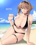  1girl arm_support beach bikini bikini_pull black_bikini black_choker black_headband blue_sky breasts brown_hair choker cleavage collarbone fingerless_gloves flipped_hair gloves green_eyes hair_between_eyes halcon headband highres jewelry kantai_collection large_breasts looking_at_viewer mutsu_(kantai_collection) navel necklace ocean one_eye_closed shore short_hair sidelocks sky smile solo swimsuit thigh_strap 