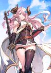  1girl bare_shoulders belt belt_buckle braid breasts buckle cloud day feet_out_of_frame gloves granblue_fantasy hair_between_eyes holding holding_weapon horns kingyo_114 large_breasts long_hair looking_at_viewer narmaya_(granblue_fantasy) outdoors pink_hair pointy_ears single_thighhigh sky solo standing thighhighs weapon 