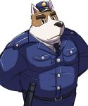  2017 animal_crossing anthro barazoku black_nose bottomwear brown_body brown_fur canid canine canis clothing copper_(animal_crossing) domestic_dog emufu fur hat headgear headwear hi_res kemono male mammal necktie nintendo pants police police_hat police_officer police_uniform shirt simple_background solo topwear uniform video_games white_background 