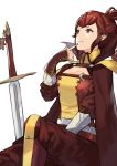  1girl anna_(fire_emblem) bangs boots breasts brown_cape brown_eyes brown_hair brown_pants cape cleavage cleavage_cutout closed_mouth feet_out_of_frame finger_to_mouth fire_emblem fire_emblem_awakening highres j@ck knee_boots long_hair looking_away looking_up medium_breasts pants planted_sword planted_weapon ponytail purple_footwear sidelocks simple_background sitting smile solo sword weapon white_background wrist_guards 