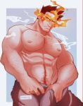  1boy abs bara blue_eyes body_hair boku_no_hero_academia chest facial_hair fire hairy highres male_focus male_pubic_hair muscle naked_towel nipples pectorals pubic_hair red_hair red_pubic_hair scar short_hair spiked_hair steam stormcallart stubble todoroki_enji towel 