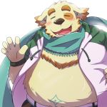  1:1 2017 anthro belly blush canid canine canis clothing cu_sith_(tas) domestic_dog emufu eyes_closed hoodie humanoid_hands kemono male mammal overweight overweight_anthro overweight_male scarf solo tokyo_afterschool_summoners topwear video_games 