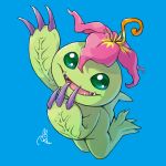  :d blue_background digimon digimon_adventure fangs flower full_body green_eyes no_humans open_mouth palmon peron_(niki2ki884) pink_flower signature simple_background smile 