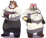  2016 anthro apron belly bottomwear brown_body brown_fur canid canine canis clothing domestic_dog duo emufu fur humanoid_hands kemono male mammal mask overweight overweight_male pants shirt simple_background topwear ursid white_background 