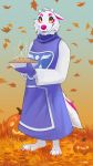  2018 absurd_res anthro autumn barefoot canid canine canis cheek_tuft clothed clothing cosplay facial_tuft female food full-length_portrait fully_clothed fur hi_res holding_food holding_object jack-o&#039;-lantern leaf mammal outside owo pie portrait smile snowfoxatheart standing toriel tuft undertale video_games whiskers white_body white_fur wolf 