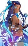  1girl akabuchi_megane bikini_shorts blue_eyes blue_gloves blue_hair blurry_foreground breasts dark_skin earrings floating_hair from_behind gloves hair_ornament highres jewelry long_hair looking_at_viewer multicolored_hair nessa_(pokemon) parted_lips pokemon pokemon_(game) pokemon_swsh shiny shiny_hair short_shorts shorts signature small_breasts sports_bikini two-tone_hair very_long_hair white_background 