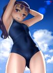  1girl arena_(company) armpits arms_up ass_visible_through_thighs blue_sky breasts cloud competition_school_swimsuit covered_navel cowboy_shot eyebrows_visible_through_hair from_below groin highres long_hair looking_at_viewer mu-pyon one-piece_swimsuit open_mouth original outdoors purple_eyes purple_hair sky small_breasts solo swimsuit 