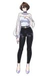  1girl absurdres akira_howard astral_chain belt black_pants brown_eyes brown_hair full_body hand_on_own_chest high-waist_pants high_heels highres long_sleeves looking_at_viewer pants shirt short_hair simple_background solo standing thiru3dan white_background white_footwear white_shirt 