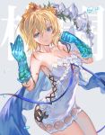  1girl absurdres bare_shoulders blonde_hair blue_eyes breasts cleavage collarbone dress europa_(granblue_fantasy) fighting_stance gauntlets granblue_fantasy highres hip_vent kiriyama2109 looking_at_viewer medium_breasts short_hair smile solo strapless strapless_dress tiara 