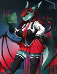  2018 anthro bible_black big_breasts book bottomwear breasts clothing dragon female green_body hair hand_on_hip membrane_(anatomy) membranous_wings red_eyes red_hair scalie school_uniform skirt solo uniform wings zwitterkitsune 
