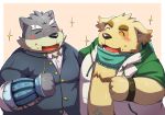  2017 anthro belly black_nose blush canid canine canis clothing cu_sith_(tas) domestic_dog duo emufu eyes_closed hoodie kemono male mammal moritaka overweight overweight_male scar scarf tokyo_afterschool_summoners topwear video_games 