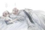  2girls bangs bed_sheet blonde_hair bloodborne book clone commentary_request from_side highres iosefka itsuki_(itsukiovo) long_hair long_sleeves lying lying_on_person multiple_girls on_stomach open_book pillow ponytail simple_background sleeves_past_elbows translation_request white_background white_robe wide_sleeves 