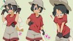  ! 2girls ? black_gloves black_hair black_legwear blue_eyes commentary_request cowboy_shot elbow_gloves embarrassed flying_sweatdrops gloves hat_feather heart helmet kaban_(kemono_friends) kemono_friends multiple_girls multiple_views musical_note one_eye_closed pantyhose pith_helmet print_gloves red_shirt serval_(kemono_friends) serval_print shirt short_hair short_sleeves shorts spoken_heart spoken_musical_note t-shirt tessaku_ro 