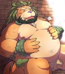  2017 anthro arsalan belly blush chained clothing emufu eyes_closed felid hi_res kemono lion loincloth male mammal moobs nipples overweight overweight_anthro overweight_male pantherine solo tokyo_afterschool_summoners video_games 