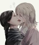  ... 2girls adella_the_nun arianna_(bloodborne) bangs biting biting_tongue black_hair black_robe blonde_hair blood blood_from_mouth blood_on_face bloodborne braid commentary_request highres itsuki_(itsukiovo) kiss lips long_hair multiple_girls simple_background single_braid sketch sweat tongue tongue_out translated upper_body yellow_background yuri 