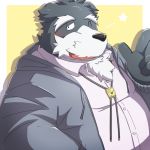  1:1 2017 anthro black_nose blush canid canine canis clothing domestic_dog emufu hoodie humanoid_hands kemono male mammal one_eye_closed overweight overweight_anthro overweight_male shirt solo topwear wink 