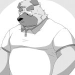  1:1 2017 absurd_res anthro belly black_and_white blush canid canine canis clothing domestic_dog emufu eyewear glasses hi_res kemono male mammal monochrome overweight overweight_anthro overweight_male shirt simple_background solo topwear 