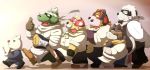  2016 anthro apron belly bottomwear brown_body brown_fur canid canine canis clothing domestic_dog emufu eyes_closed felid feline fur group kemono male mammal mask overweight overweight_male pants shirt tongue tongue_out topwear ursid white_body white_fur 