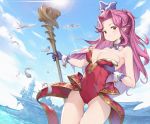  1girl angela_(seiken_densetsu_3) artist_request bare_shoulders blush breast_grab breasts brown_eyes choker covered_navel gloves grabbing headgear large_breasts leotard long_hair ponytail purple_hair red_leotard seiken_densetsu seiken_densetsu_3 staff thighs very_long_hair 