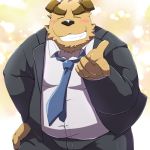  1:1 2017 anthro belly black_nose blush bottomwear brown_body brown_fur canid canine canis clothing domestic_dog emufu eyes_closed fur hi_res humanoid_hands kemono male mammal necktie overweight overweight_anthro overweight_male pants shirt solo topwear 