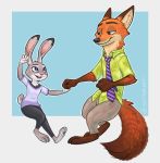  2020 anthro barefoot blue_background bottomwear buckteeth canid canine cheek_tuft clothed clothing dancing dipstick_ears disney duo eye_contact facial_tuft female fox fully_clothed fur green_eyes grey_body grey_fur head_tuft hi_res judy_hopps lagomorph leporid looking_at_another male mammal multicolored_ears neck_tuft necktie nick_wilde open_mouth open_smile orange_body orange_fur pants purple_eyes rabbit red_fox septer shirt signature simple_background smile teeth topwear tuft white_background zootopia 