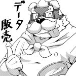  1:1 2018 anthro canid canine canis clothing cooking domestic_dog emufu eyes_closed humanoid_hands japanese_text kemono male mammal monochrome overweight overweight_anthro overweight_male shirt simple_background solo text tongue tongue_out topwear white_background 
