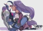  1boy 1girl assertive blue_hair boots claws dark_skin entrapta eye_contact gloves grey_background hordak long_hair looking_at_another masters_of_the_universe monster_boy pointy_ears poking prehensile_hair she-ra_and_the_princesses_of_power smile sweatdrop twintails very_long_hair yutaka7 