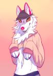  2018 ambiguous_gender anthro canid canine canis cheek_tuft clothed clothing facial_tuft fur gradient_background grin half-length_portrait hat headgear headwear hi_res inner_ear_fluff looking_at_viewer mammal meme meme_clothing midriff neck_tuft portrait simple_background smile snowfoxatheart solo tuft whiskers white_body white_fur wolf 
