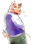  2015 anthro blush bodily_fluids bottomwear canid canine canis clothing cute_fangs diru11 domestic_dog genital_fluids kemono male mammal pants peeing shirt simple_background slightly_chubby solo topwear urine white_background 