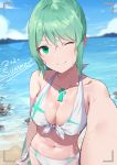  ;) absurdres aqua_eyes aqua_hair arm_at_side bangs bare_shoulders bikini blue_sky breasts chest_jewel cleavage closed_mouth collarbone commentary cowboy_shot day english_commentary english_text evan_(pixiv7510743) eyebrows_visible_through_hair front-tie_bikini front-tie_top gem highres large_breasts looking_at_viewer navel neon_trim ocean one_eye_closed outdoors outstretched_arm pneuma_(xenoblade) ribbon rock self_shot side-tie_bikini sidelocks sky smile stomach swimsuit viewfinder water white_bikini white_ribbon xenoblade_chronicles_(series) xenoblade_chronicles_2 