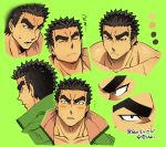  1boy akihiro_altland black_eyes black_hair blush collage collar cropped_shoulders dark_skin dark_skinned_male eyebrows ezaki_papiko gundam gundam_tekketsu_no_orphans highres male_focus multiple_views reference_sheet short_hair simple_background thick_eyebrows translation_request upper_body 