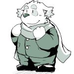  1:1 2017 anthro blush bottomwear canid canine canis chibi clothing cu_sith_(tas) domestic_dog emufu hi_res kemono male mammal overweight overweight_anthro overweight_male pants scarf shirt simple_background solo tokyo_afterschool_summoners topwear video_games white_background 
