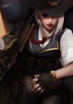  1girl ammunition ashe_(overwatch) breasts cowboy_hat fingerless_gloves gloves gun hat highres holding lipstick makeup mole mole_above_mouth necktie overwatch red_eyes red_lipstick short_hair solo sparrowl weapon white_hair 